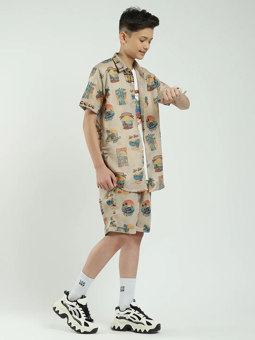 Boys Beige Printed Collar Half Sleeve Cords Set - Image 4