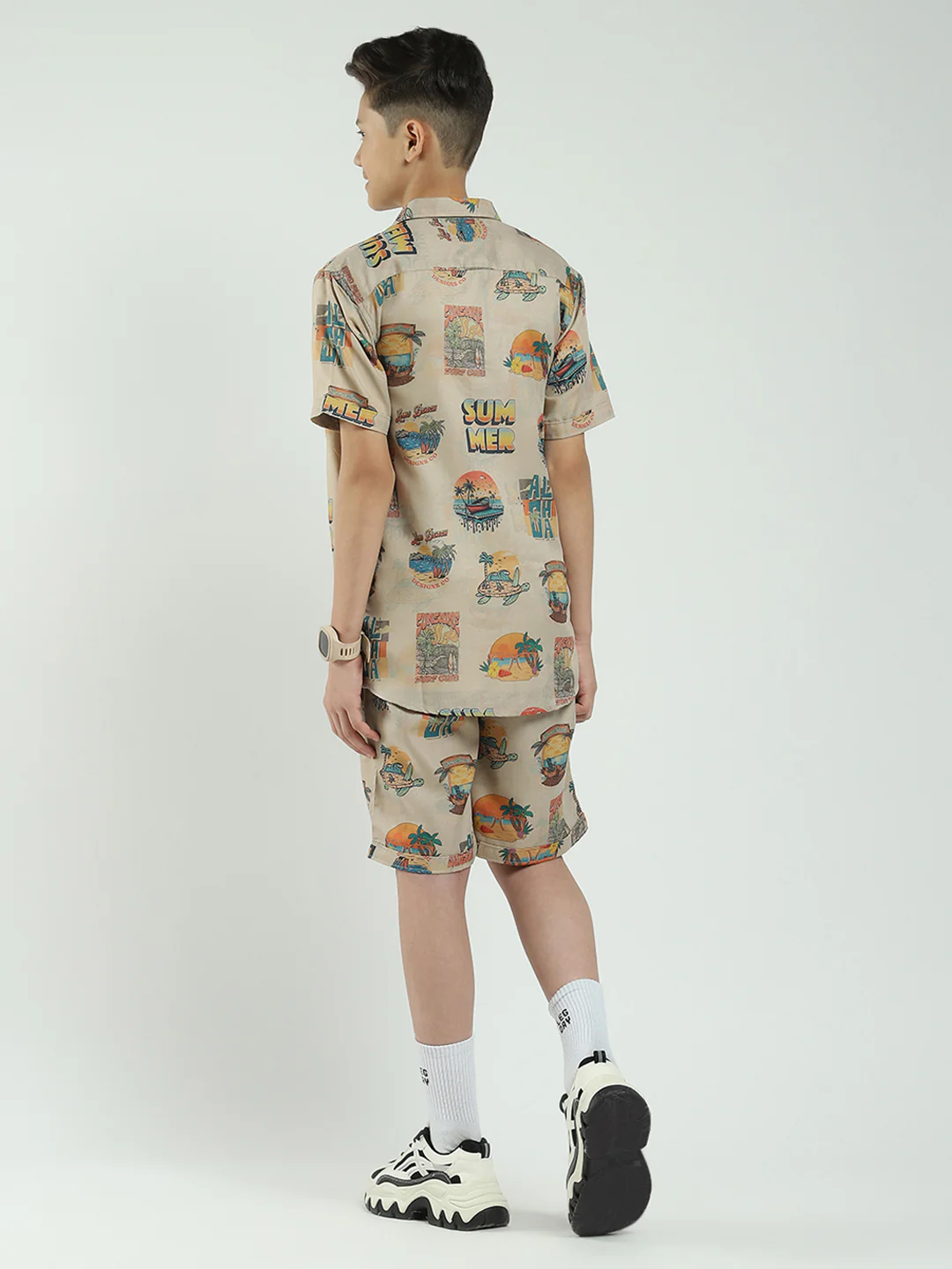 Boys Beige Printed Collar Half Sleeve Cords Set - Image 5