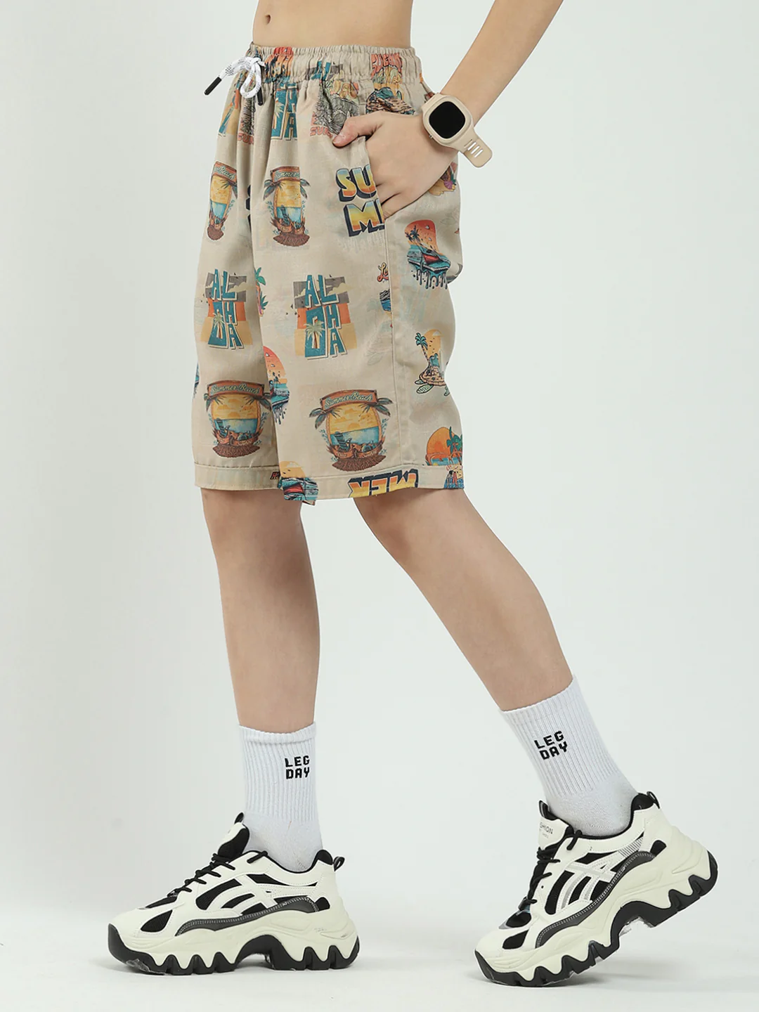 Boys Beige Printed Collar Half Sleeve Cords Set - Image 7