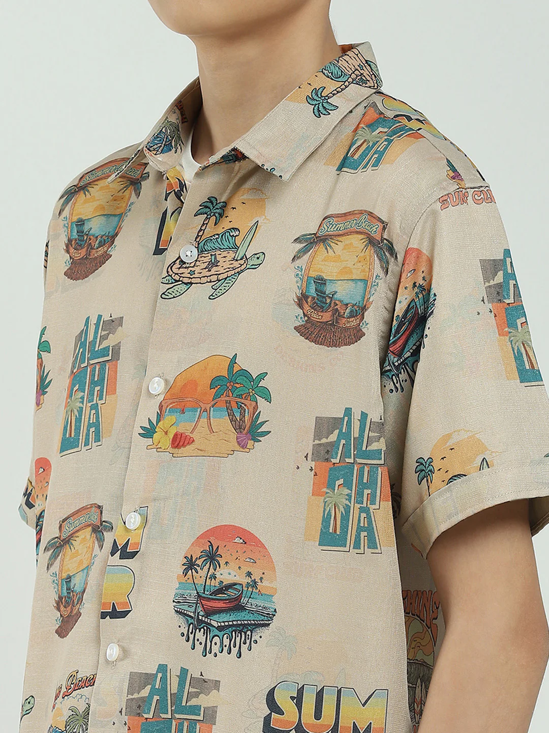 Boys Beige Printed Collar Half Sleeve Cords Set - Image 8