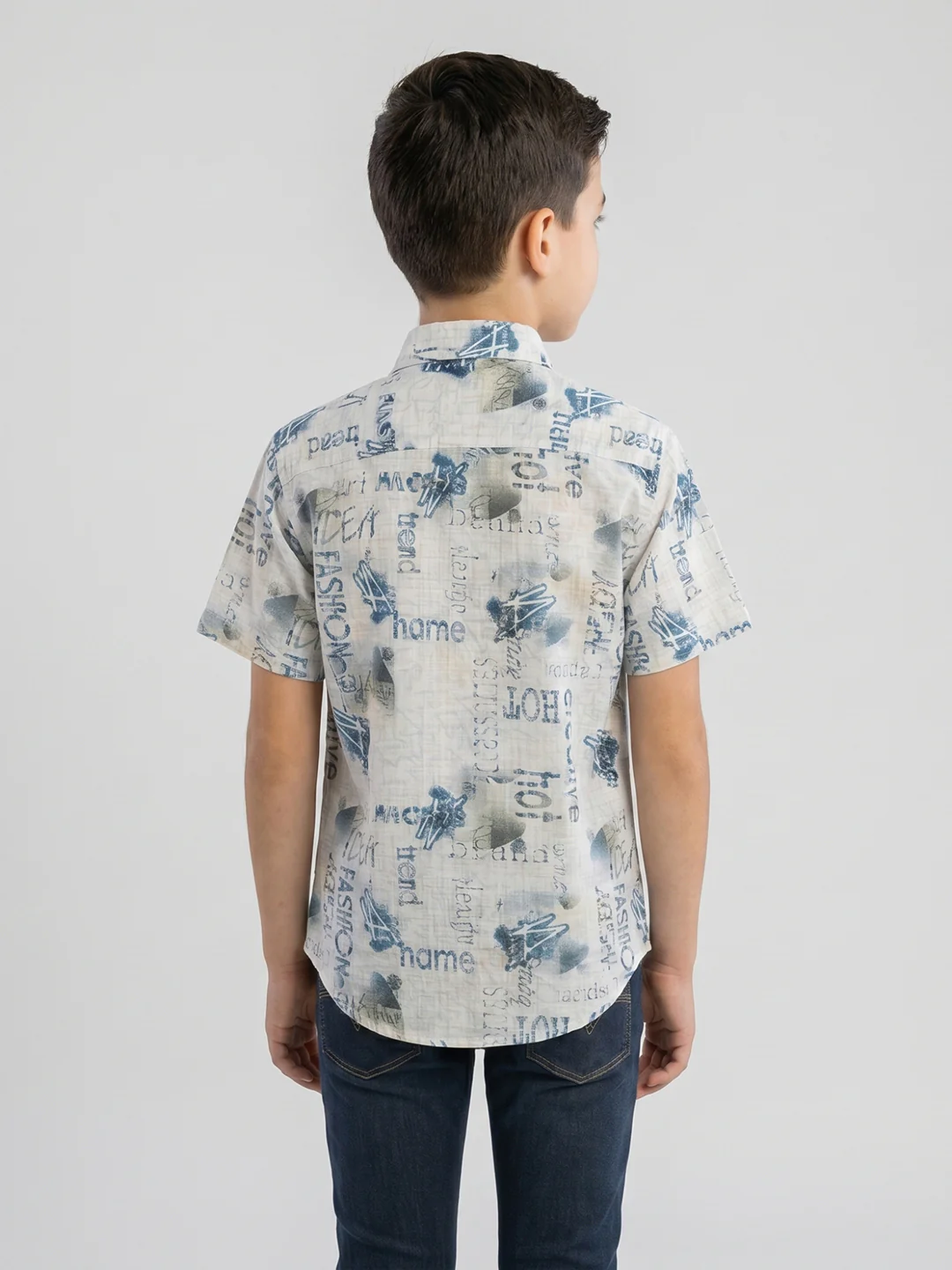 Boys Beige Printed Collar Half Sleeve Shirt - Image 4