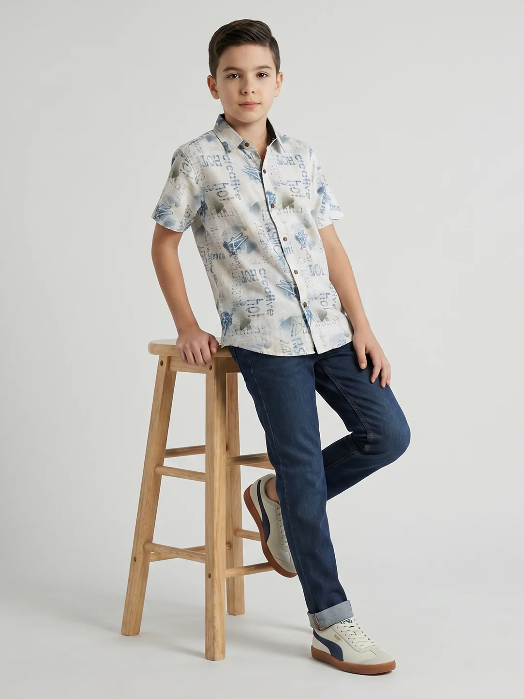 Boys Beige Printed Collar Half Sleeve Shirt - Image 5