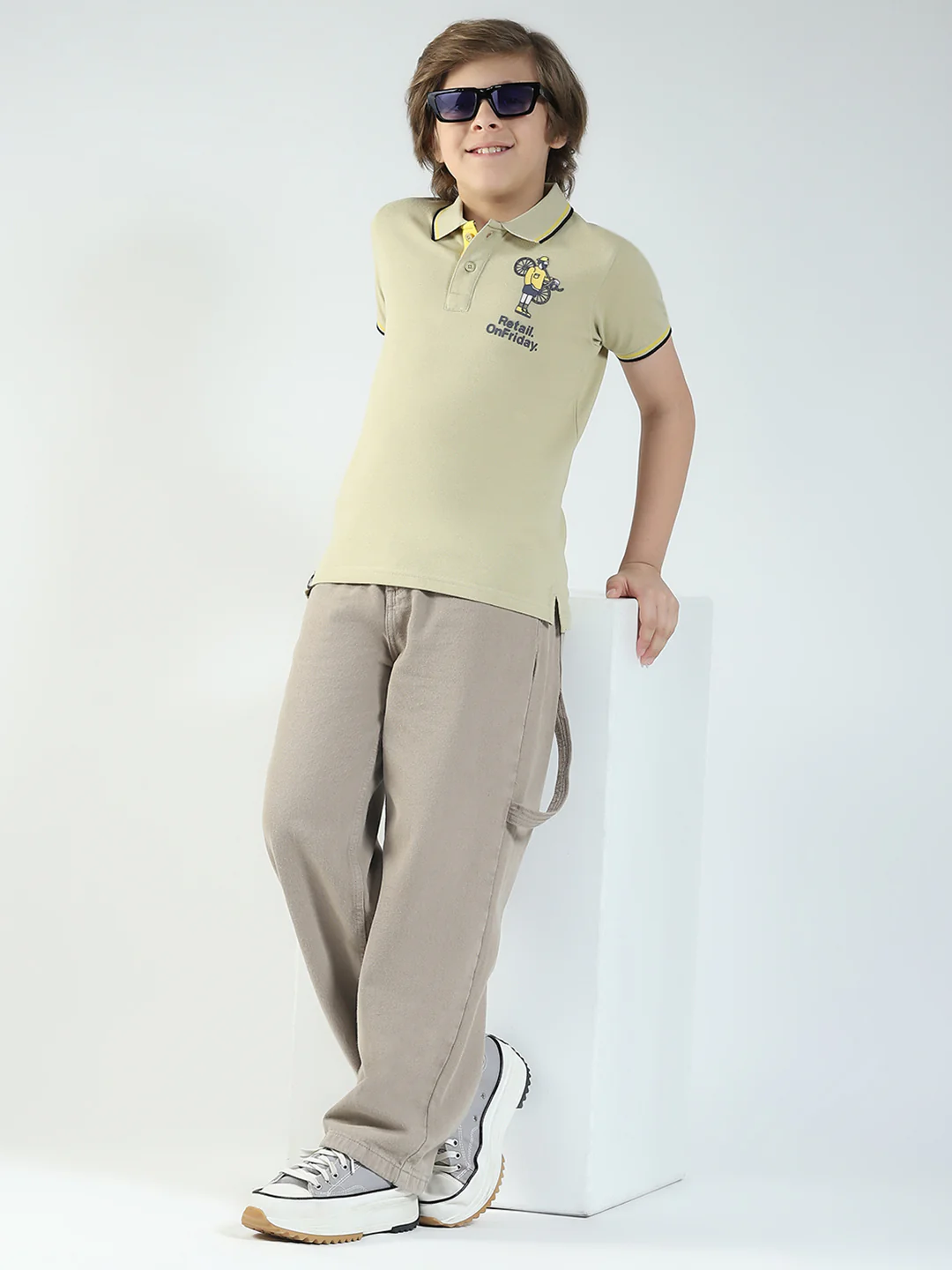 Boys Beige Printed Collar Half Sleeve T-Shirt - Image 2