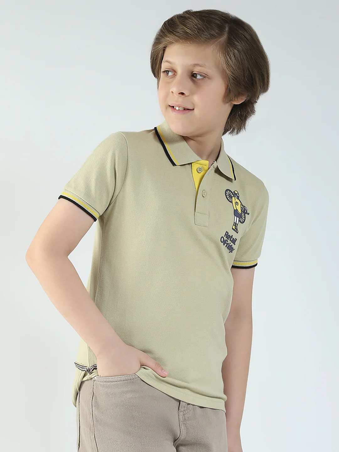Boys Beige Printed Collar Half Sleeve T-Shirt - Image 3