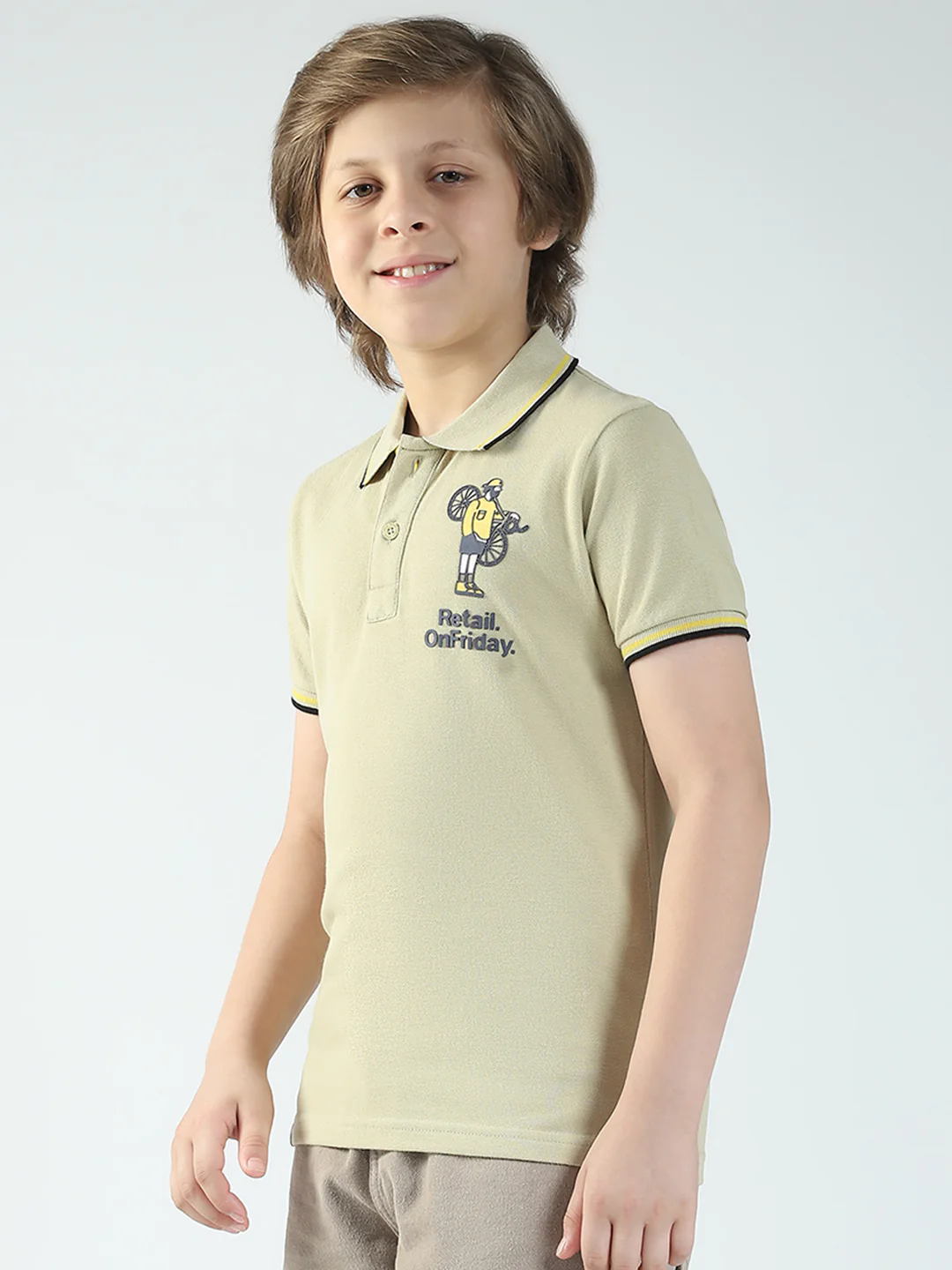 Boys Beige Printed Collar Half Sleeve T-Shirt - Image 4
