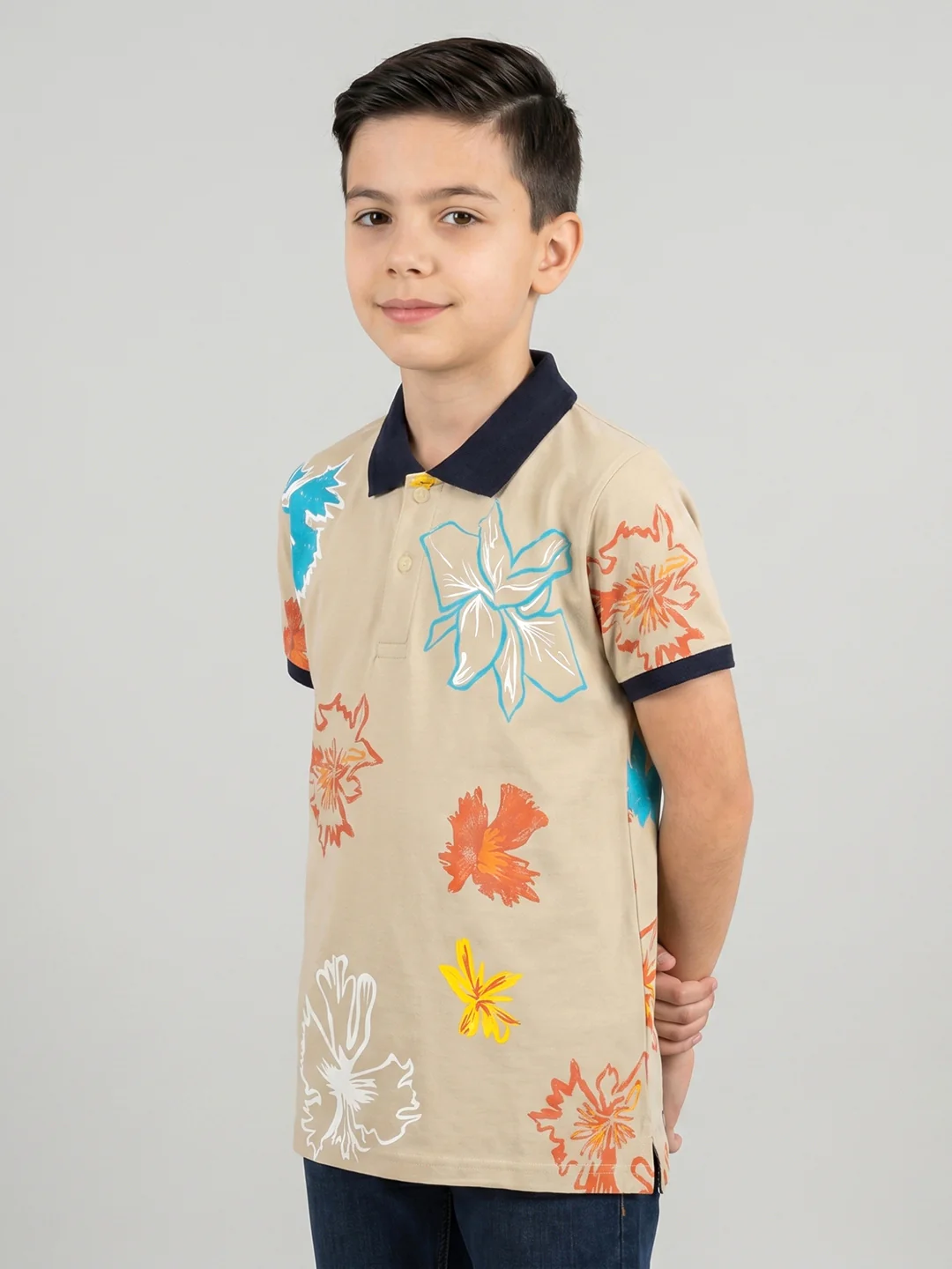 Boys Beige Printed Collar Half Sleeve T-Shirt - Image 3