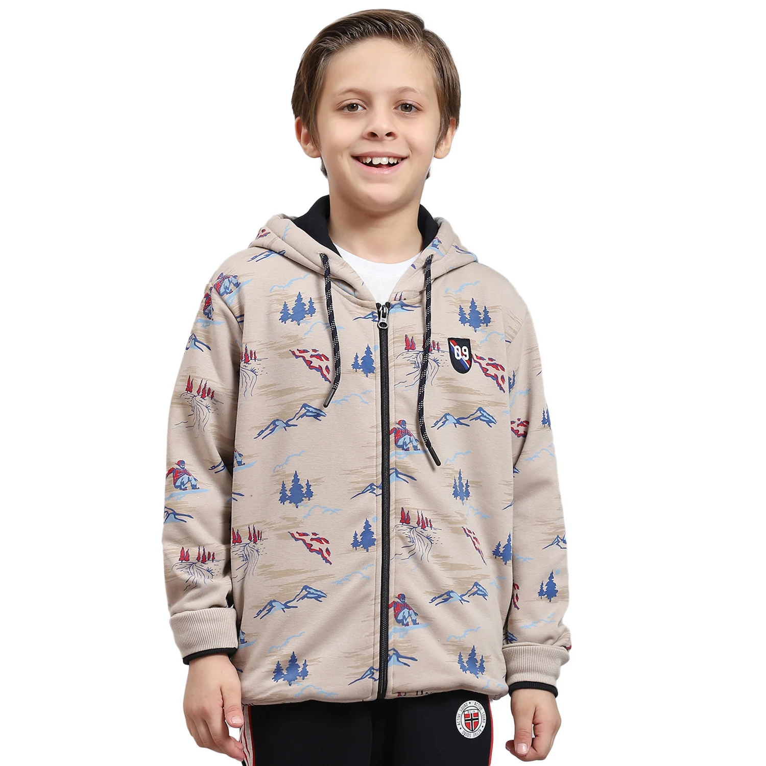 Boys Beige Printed Hooded Full Sleeve Sweatshirt - Image 5