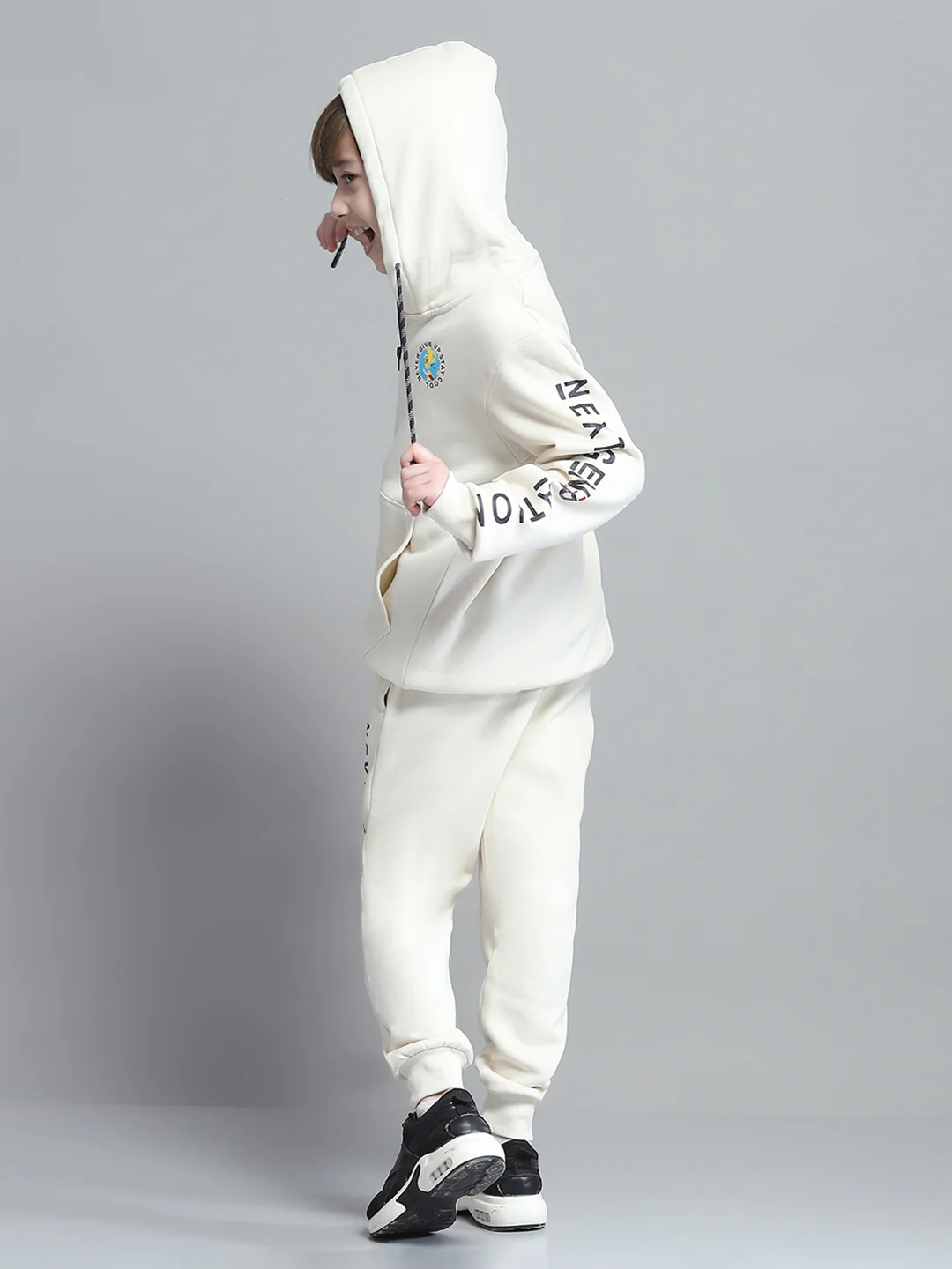 Boys Beige Printed Hooded Full Sleeve Tracksuit - Image 5