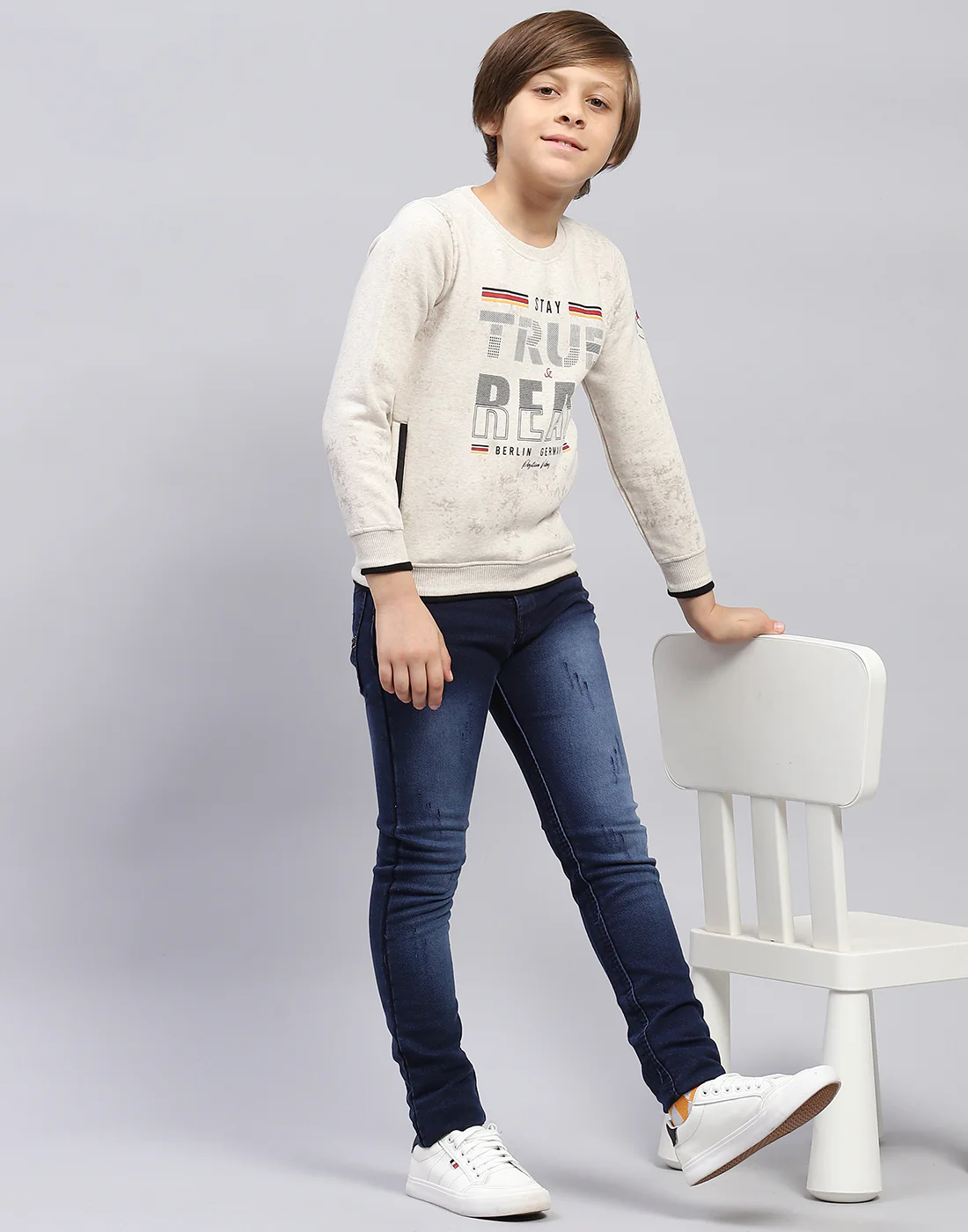 Boys Beige Printed Round Neck Full Sleeve Sweatshirt
