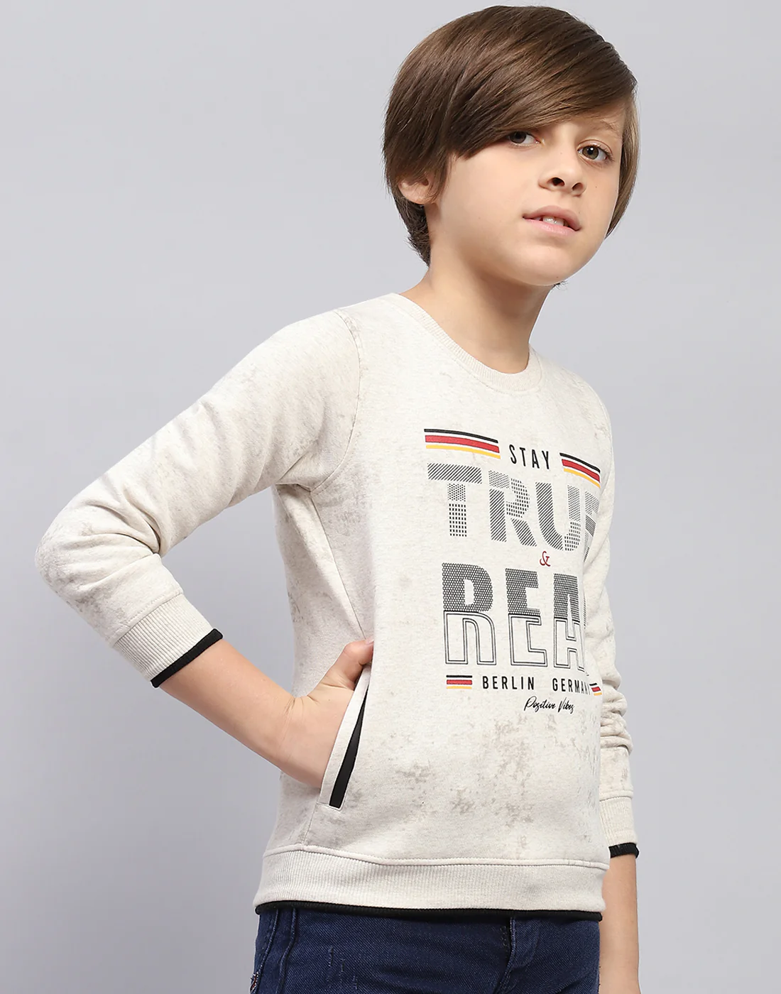 Boys Beige Printed Round Neck Full Sleeve Sweatshirt - Image 4