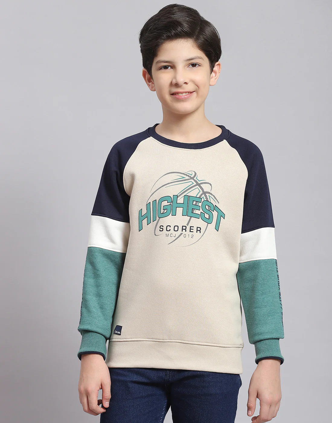 Boys Beige Printed Round Neck Full Sleeve Sweatshirt - Image 2