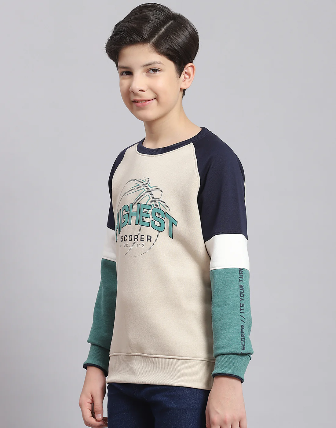 Boys Beige Printed Round Neck Full Sleeve Sweatshirt - Image 3