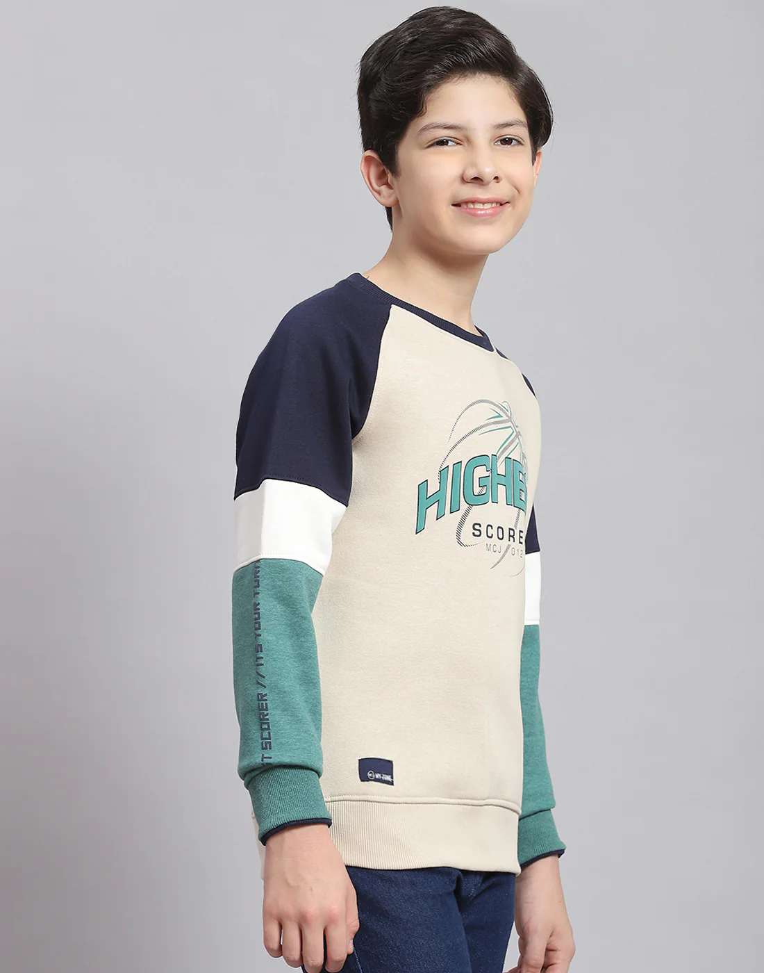 Boys Beige Printed Round Neck Full Sleeve Sweatshirt - Image 4