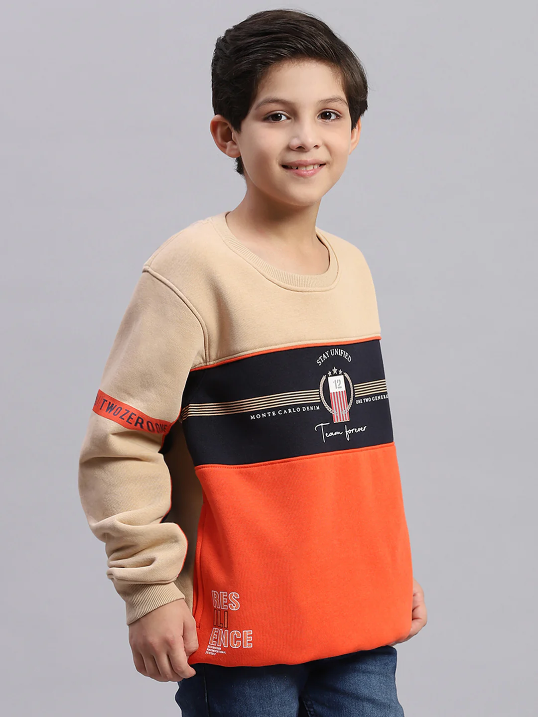 Boys Beige Printed Round Neck Full Sleeve Sweatshirt - Image 4