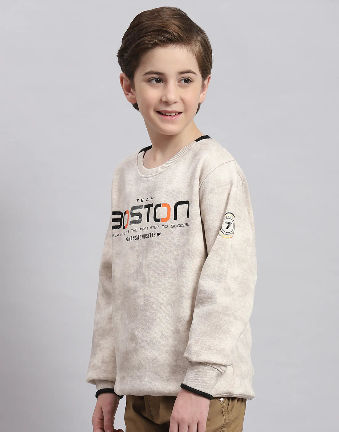 Boys Beige Printed Round Neck Full Sleeve Sweatshirt - Image 3
