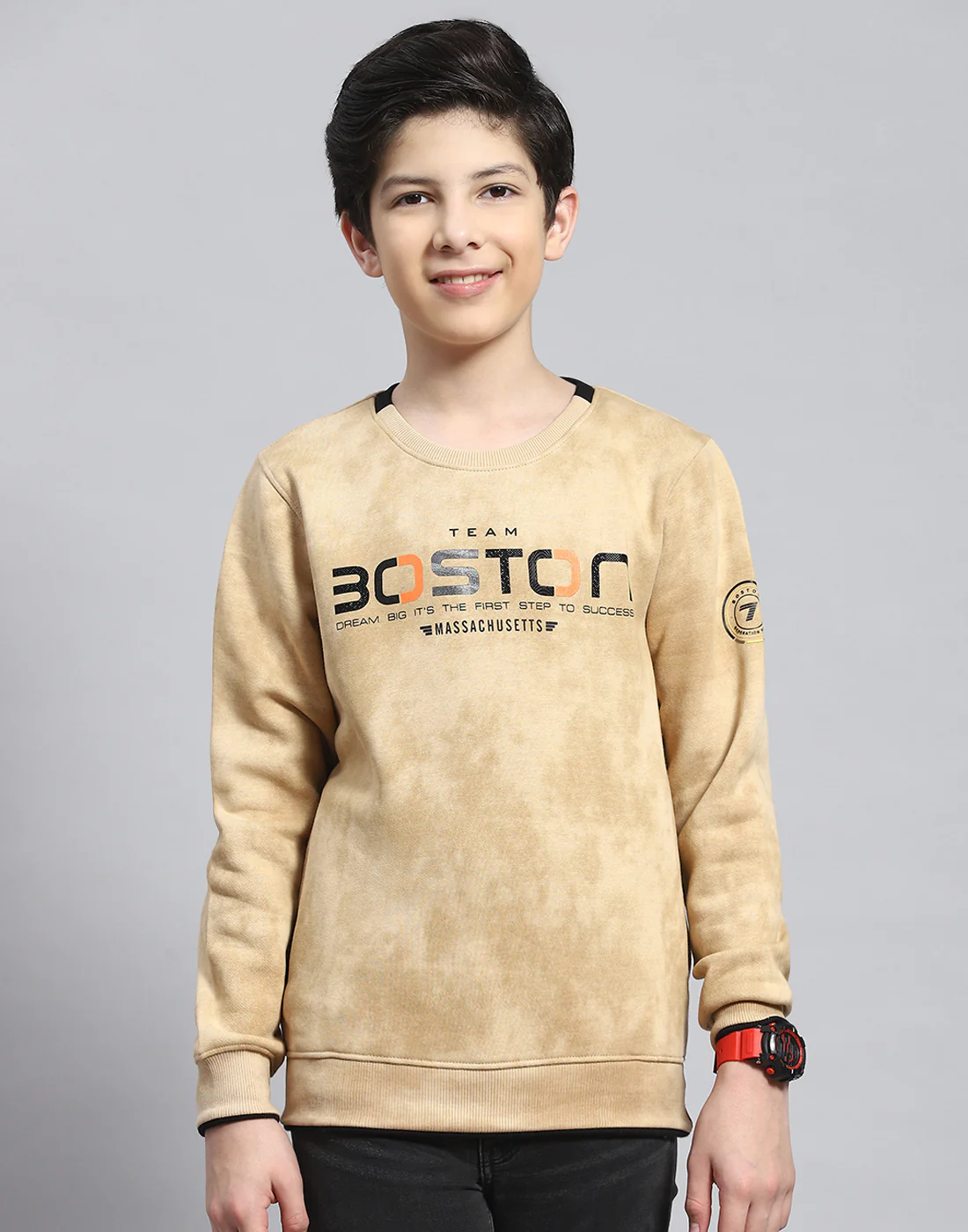 Boys Beige Printed Round Neck Full Sleeve Sweatshirt - Image 2
