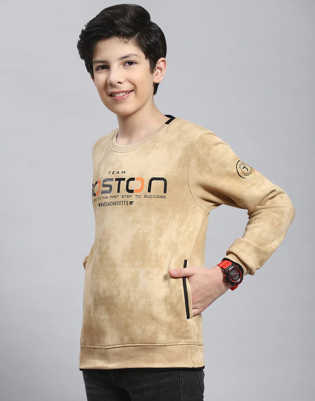 Boys Beige Printed Round Neck Full Sleeve Sweatshirt - Image 3