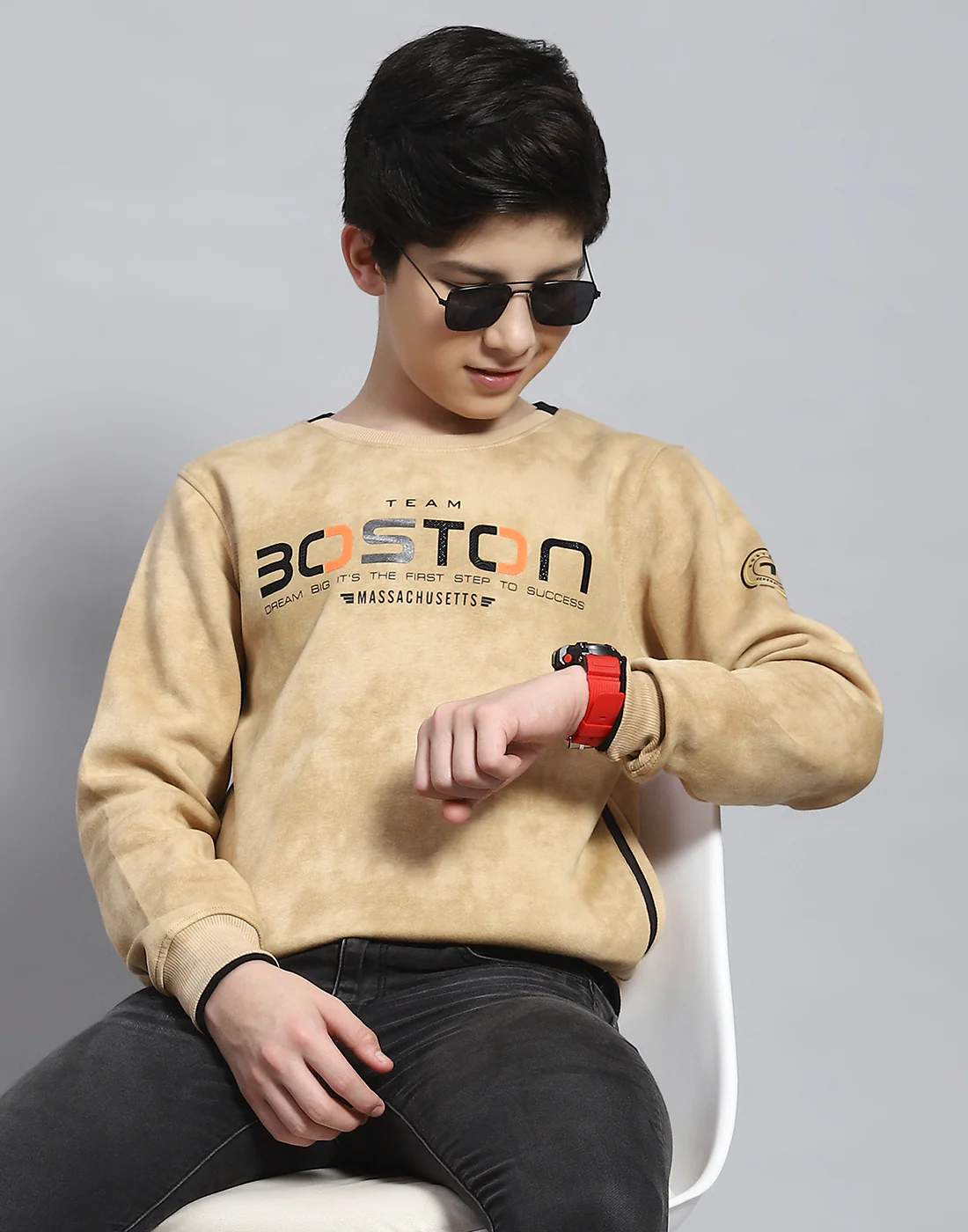 Boys Beige Printed Round Neck Full Sleeve Sweatshirt - Image 6
