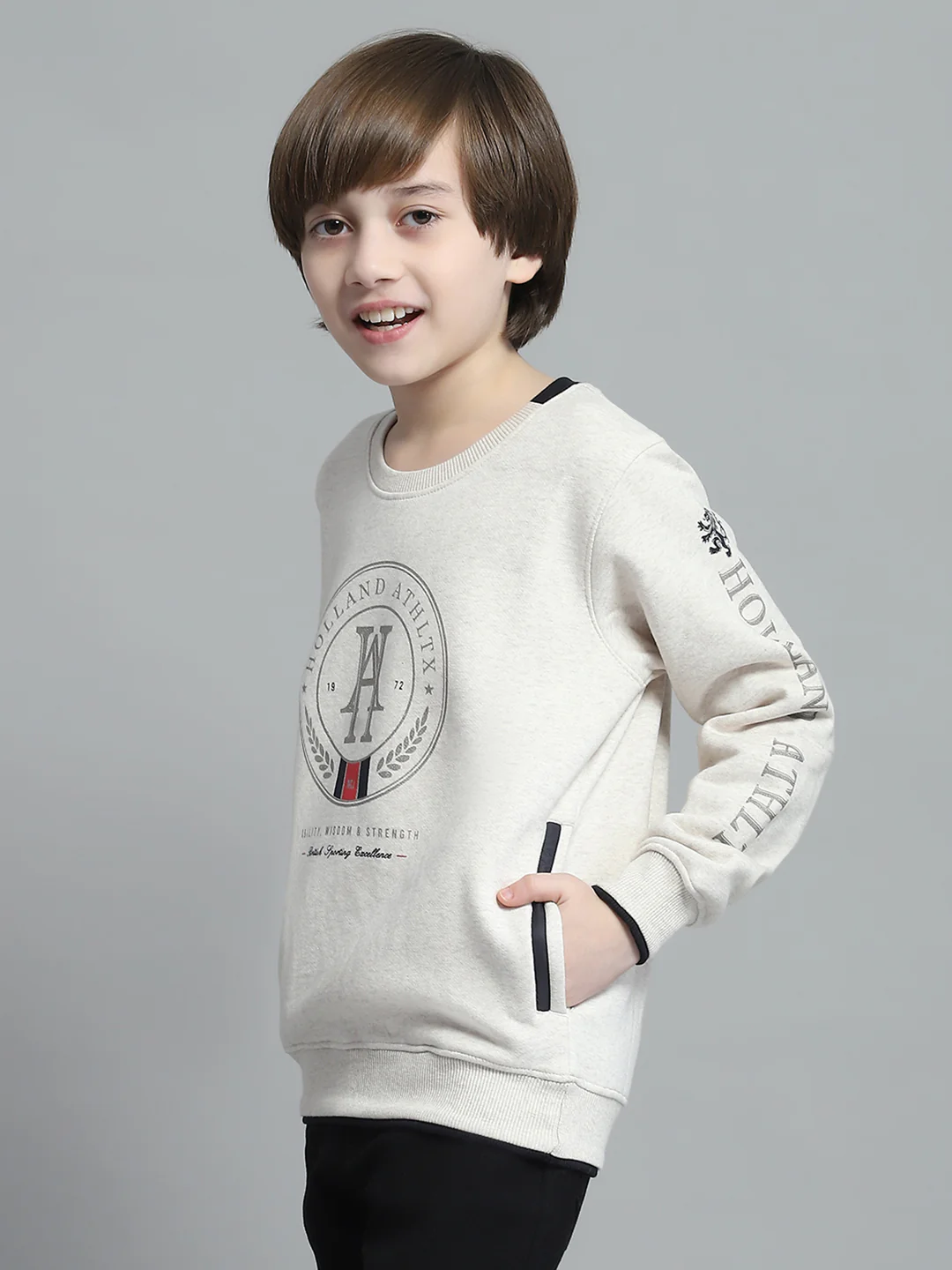 Boys Beige Printed Round Neck Full Sleeve Sweatshirt - Image 3