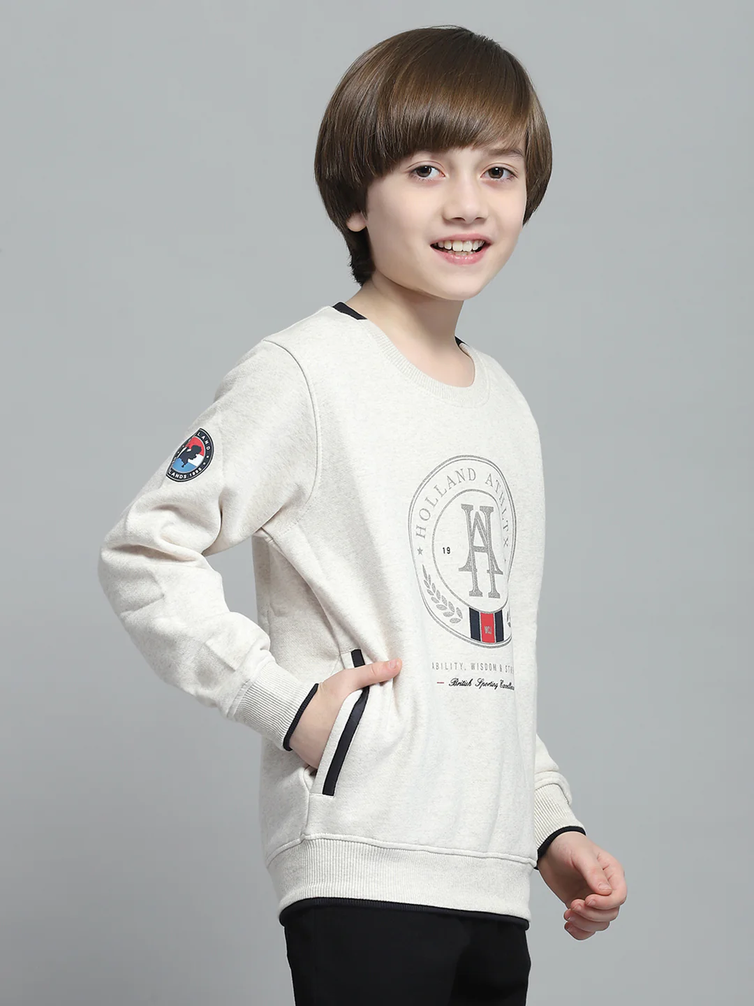 Boys Beige Printed Round Neck Full Sleeve Sweatshirt - Image 4