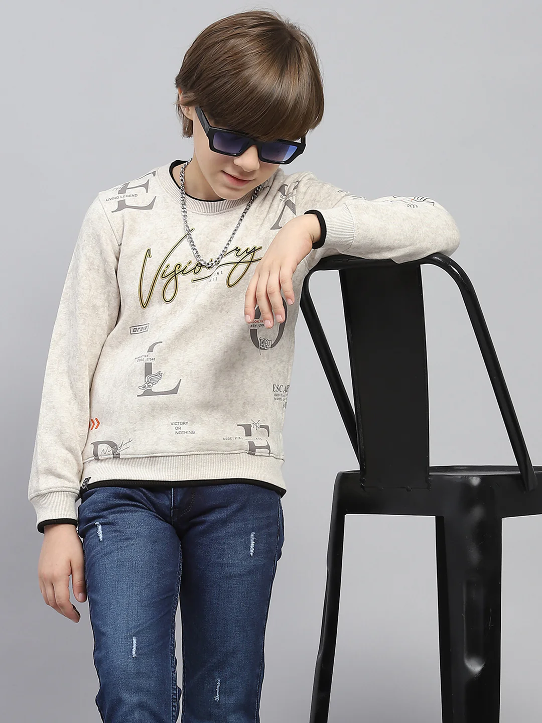 Boys Beige Printed Round Neck Full Sleeve Sweatshirt - Image 6