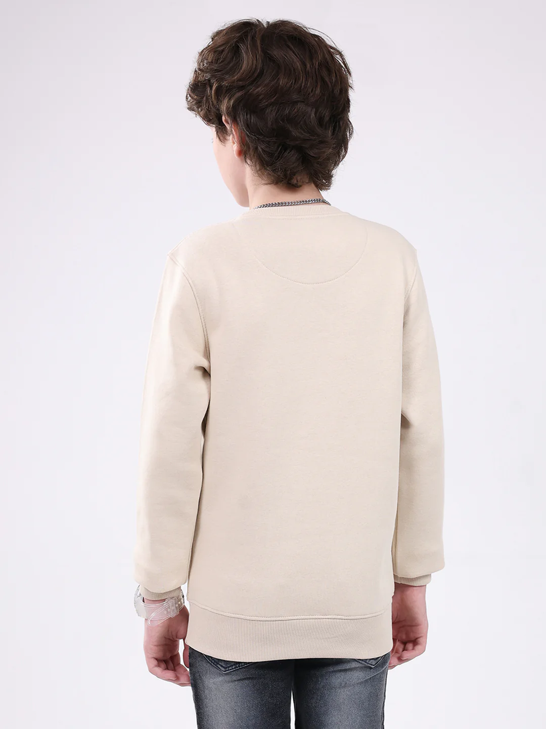 Boys Beige Printed Round Neck Full Sleeve Sweatshirt - Image 5
