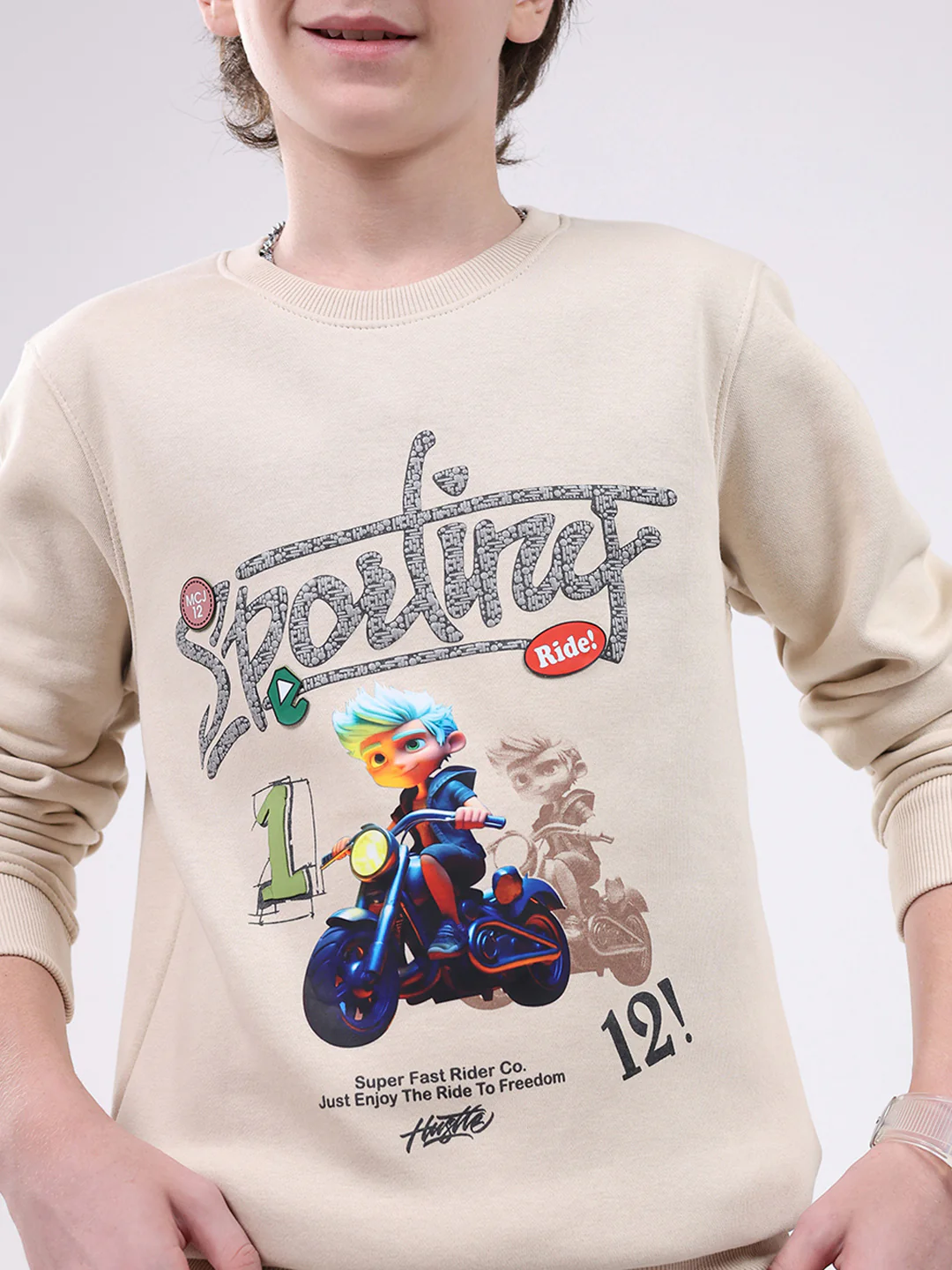 Boys Beige Printed Round Neck Full Sleeve Sweatshirt - Image 7