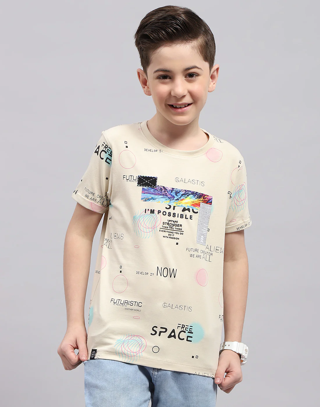Boys Beige Printed Round Neck Half Sleeve T-Shirt - Image 2