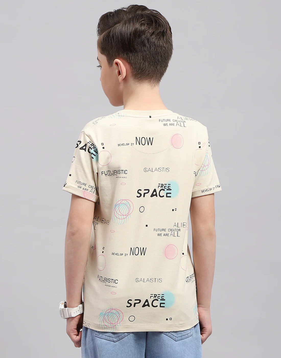Boys Beige Printed Round Neck Half Sleeve T-Shirt - Image 5