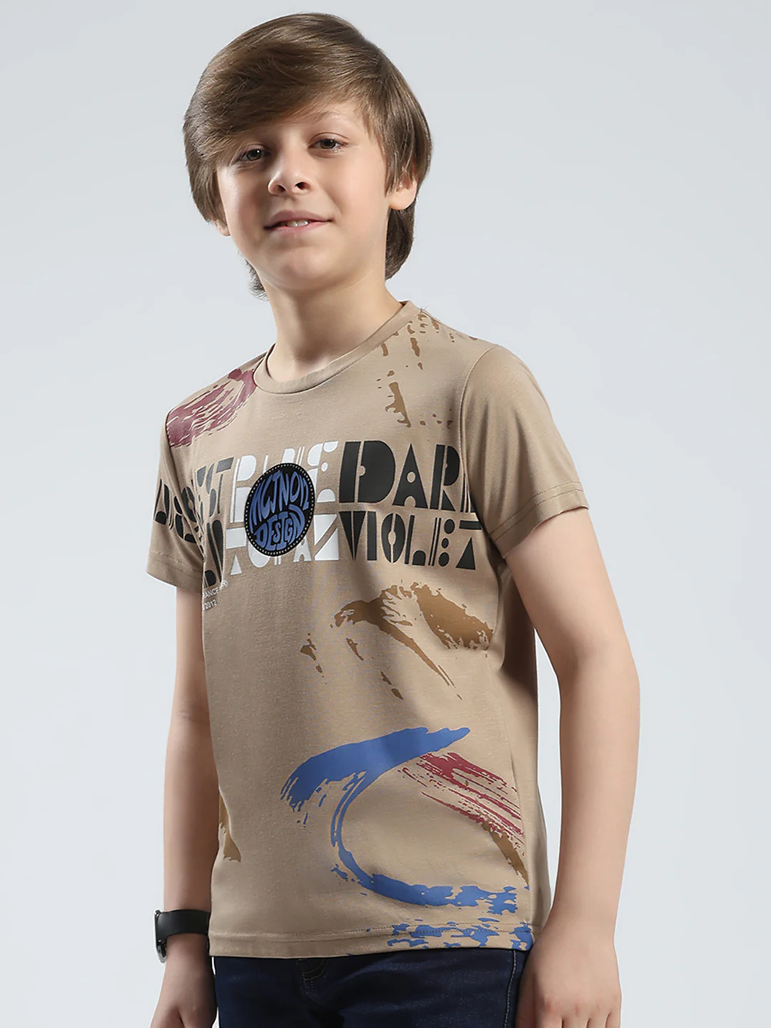 Boys Beige Printed Round Neck Half Sleeve T-Shirt - Image 3