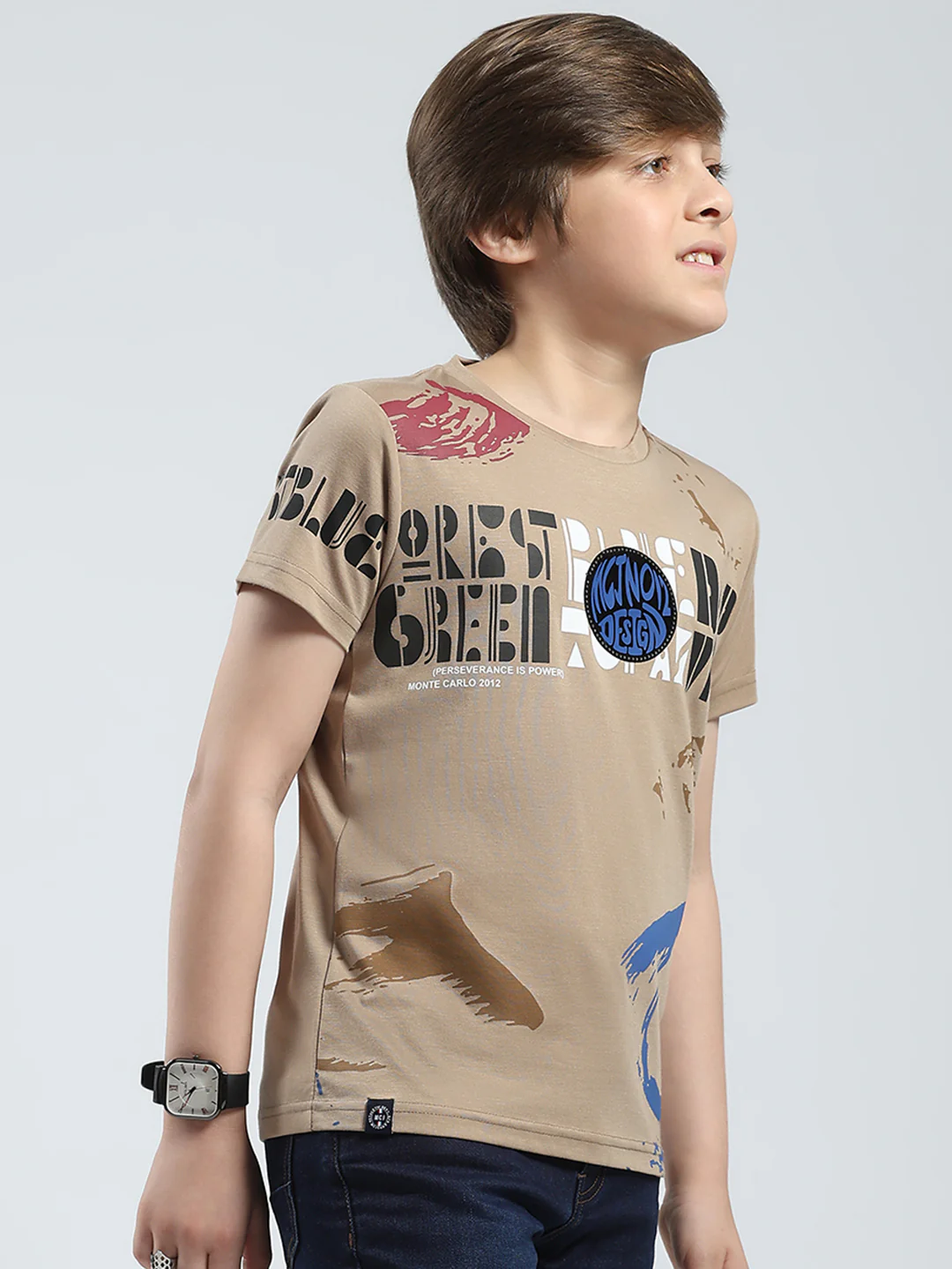Boys Beige Printed Round Neck Half Sleeve T-Shirt - Image 4