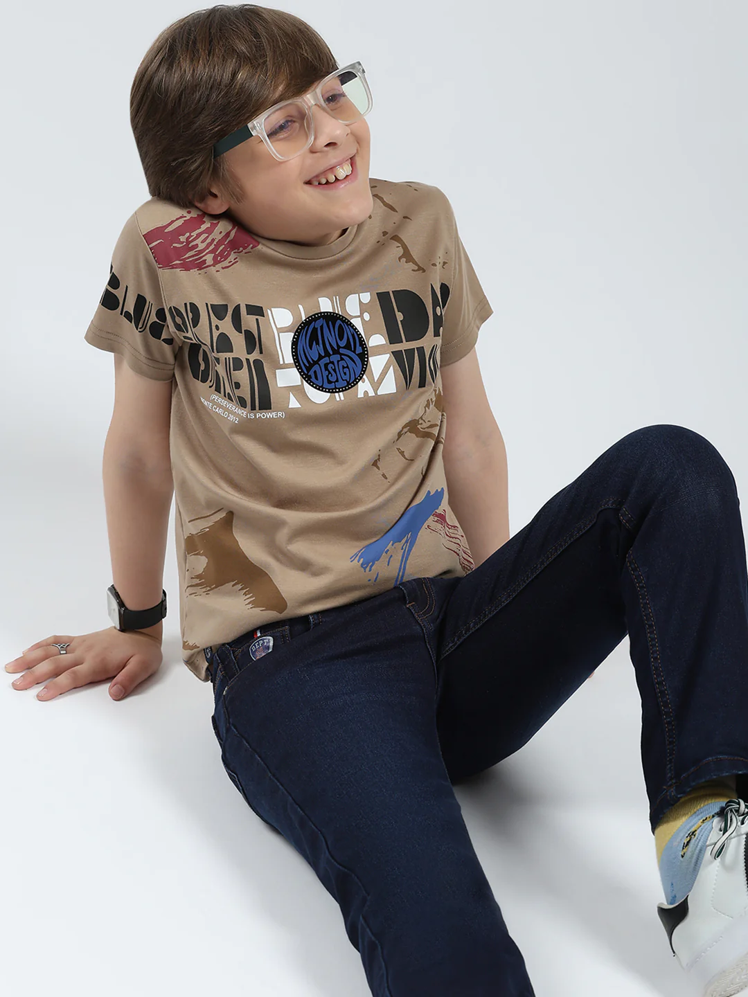 Boys Beige Printed Round Neck Half Sleeve T-Shirt - Image 6