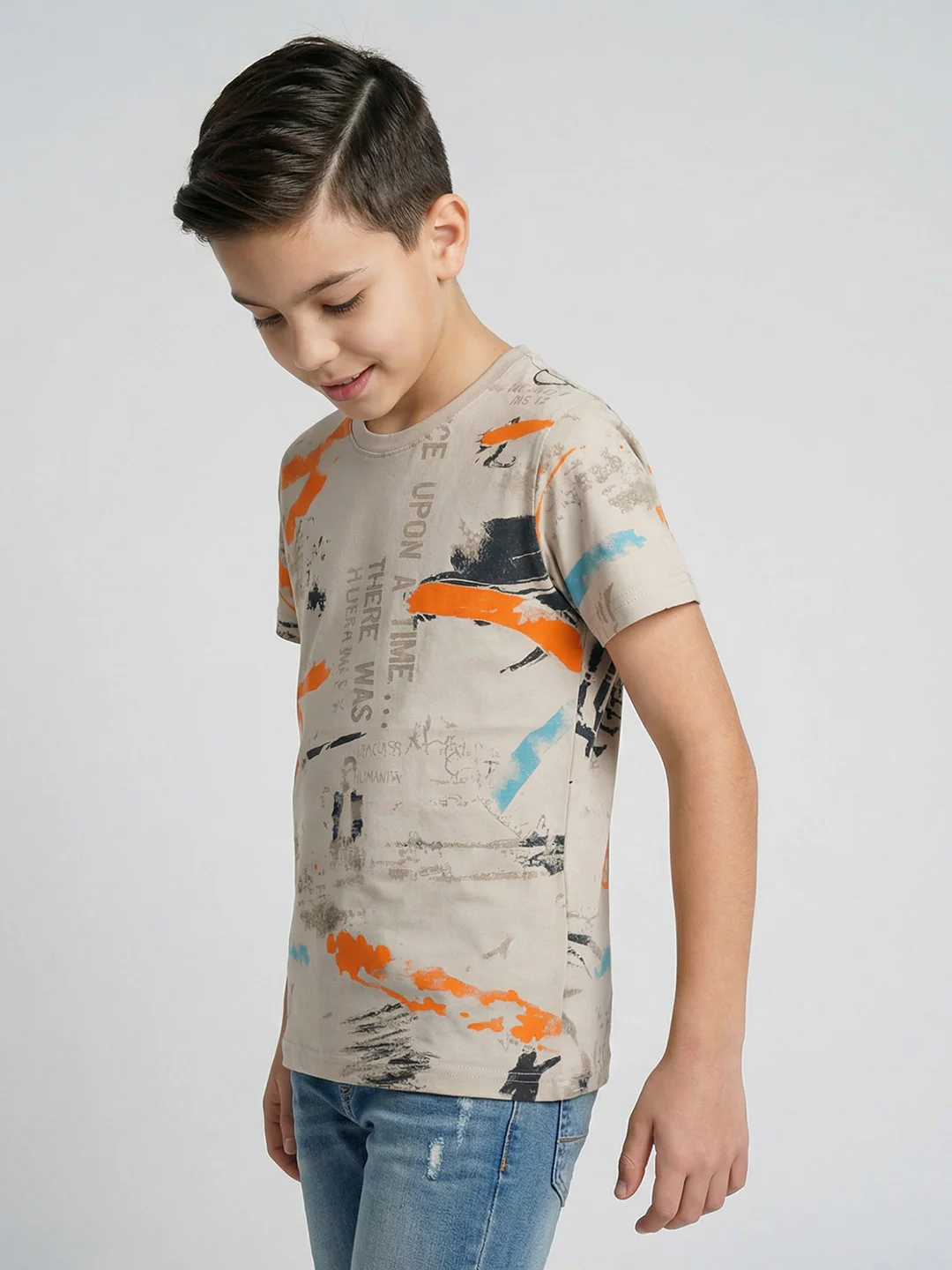 Boys Beige Printed Round Neck Half Sleeve T-Shirt - Image 3