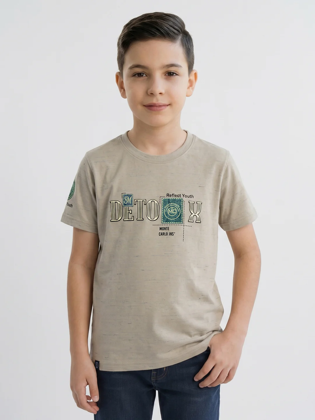 Boys Beige Printed Round Neck Half Sleeve T-Shirt