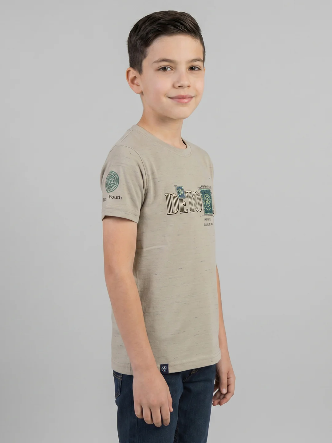 Boys Beige Printed Round Neck Half Sleeve T-Shirt - Image 2