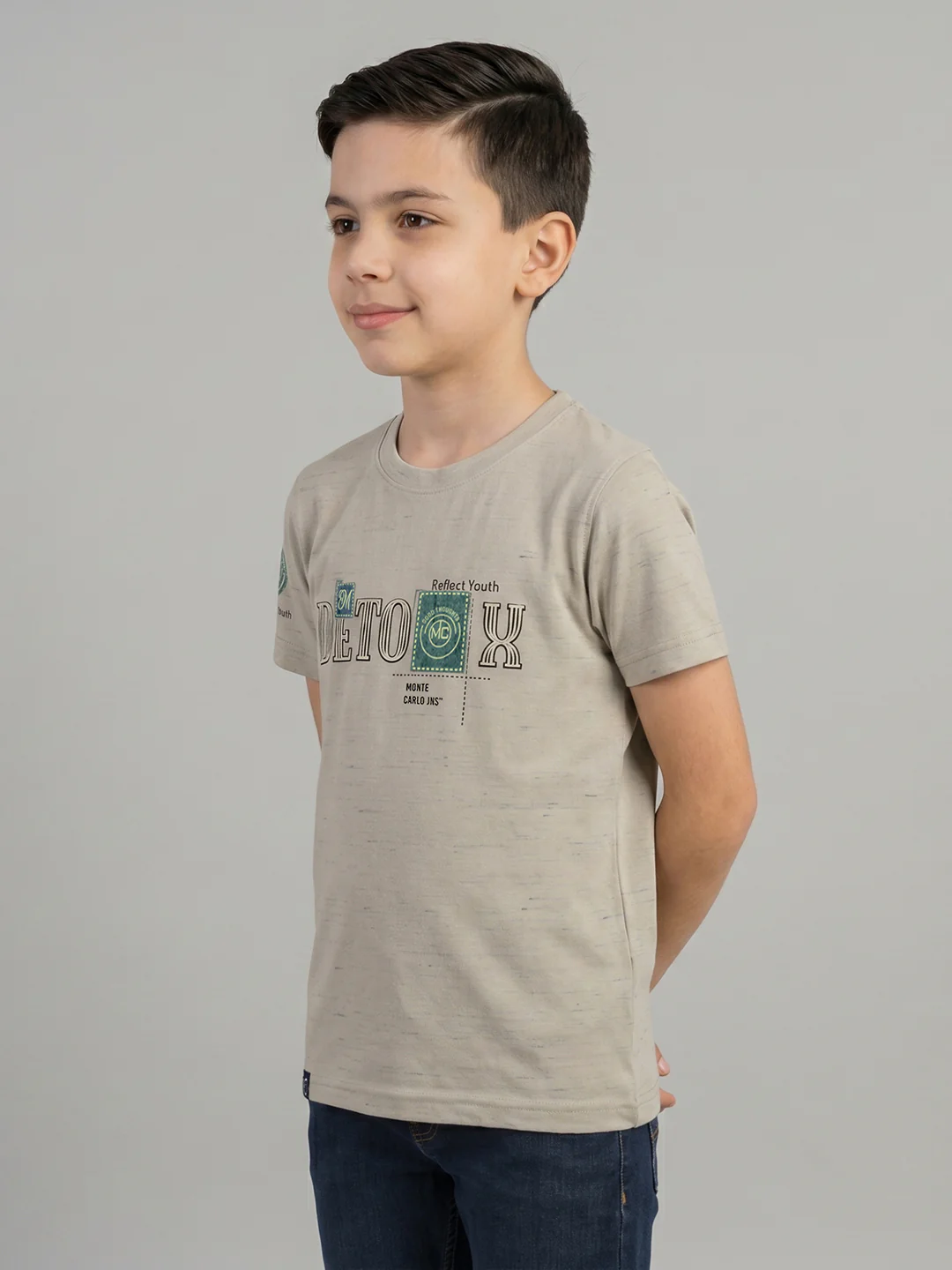Boys Beige Printed Round Neck Half Sleeve T-Shirt - Image 3