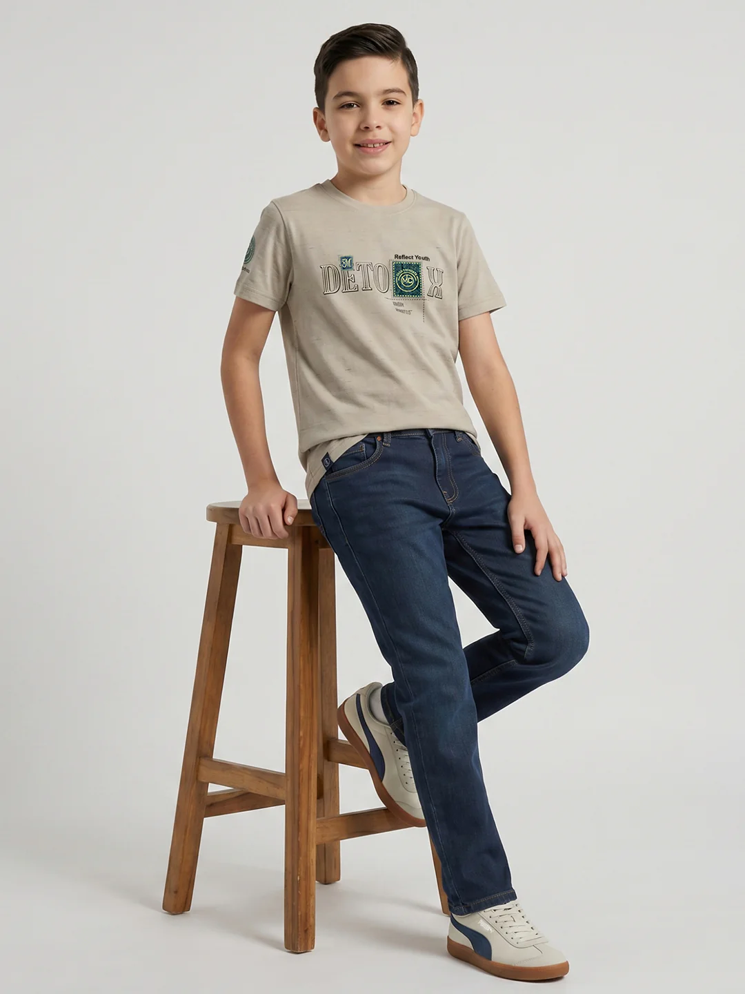 Boys Beige Printed Round Neck Half Sleeve T-Shirt - Image 5