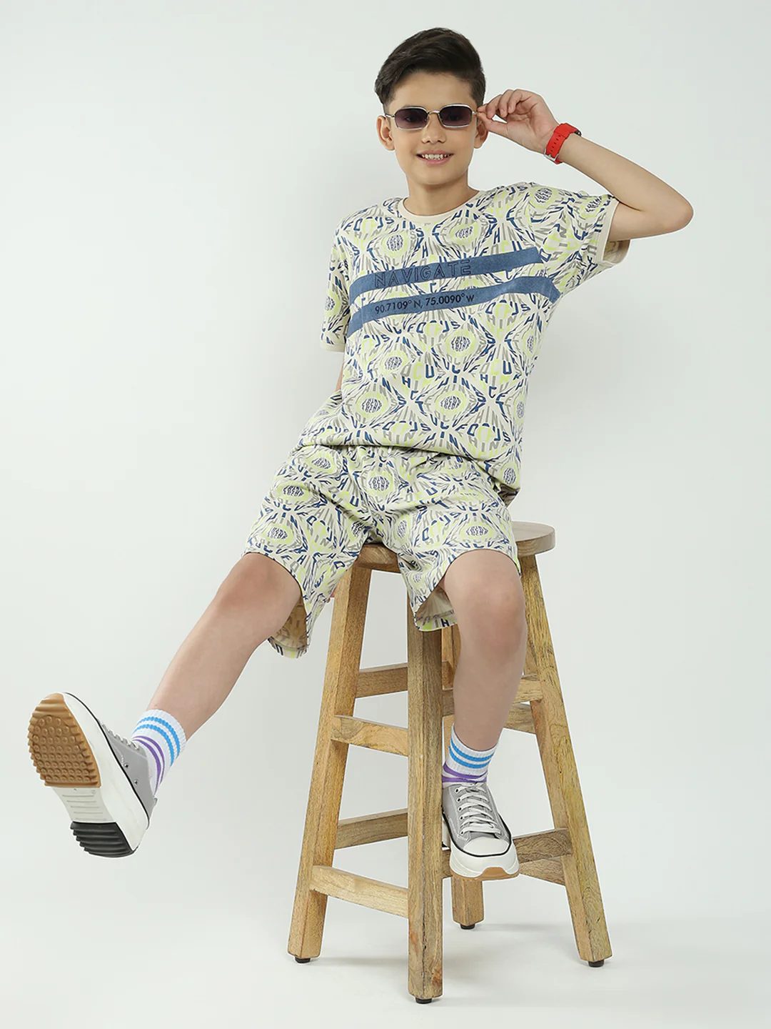 Boys Beige Printed Round Neck Half Sleeve Bermuda Set - Image 2