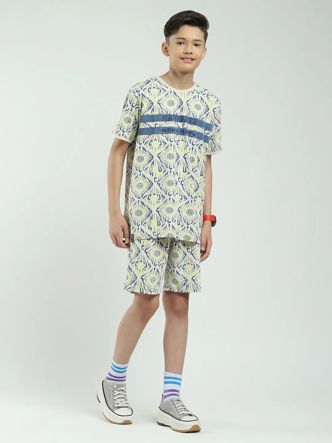 Boys Beige Printed Round Neck Half Sleeve Bermuda Set - Image 4