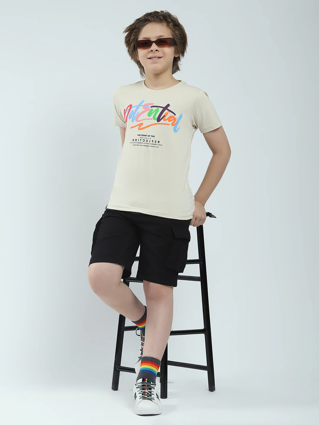 Boys Beige Printed Round Neck Half Sleeve T-Shirt - Image 2