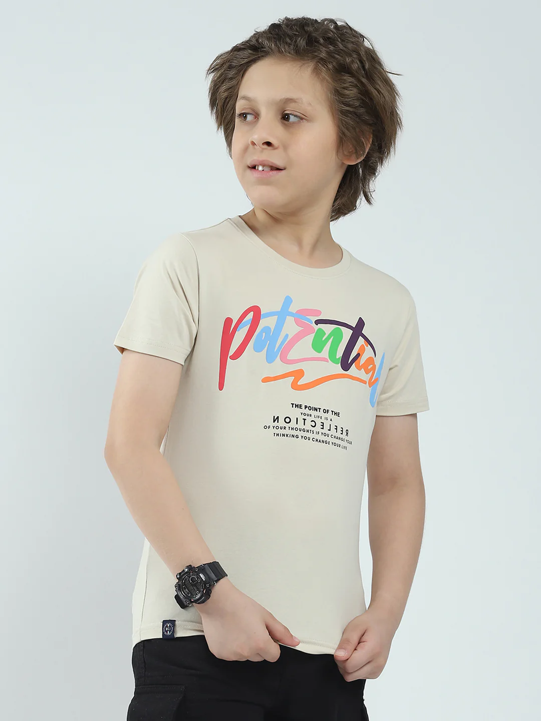 Boys Beige Printed Round Neck Half Sleeve T-Shirt - Image 4