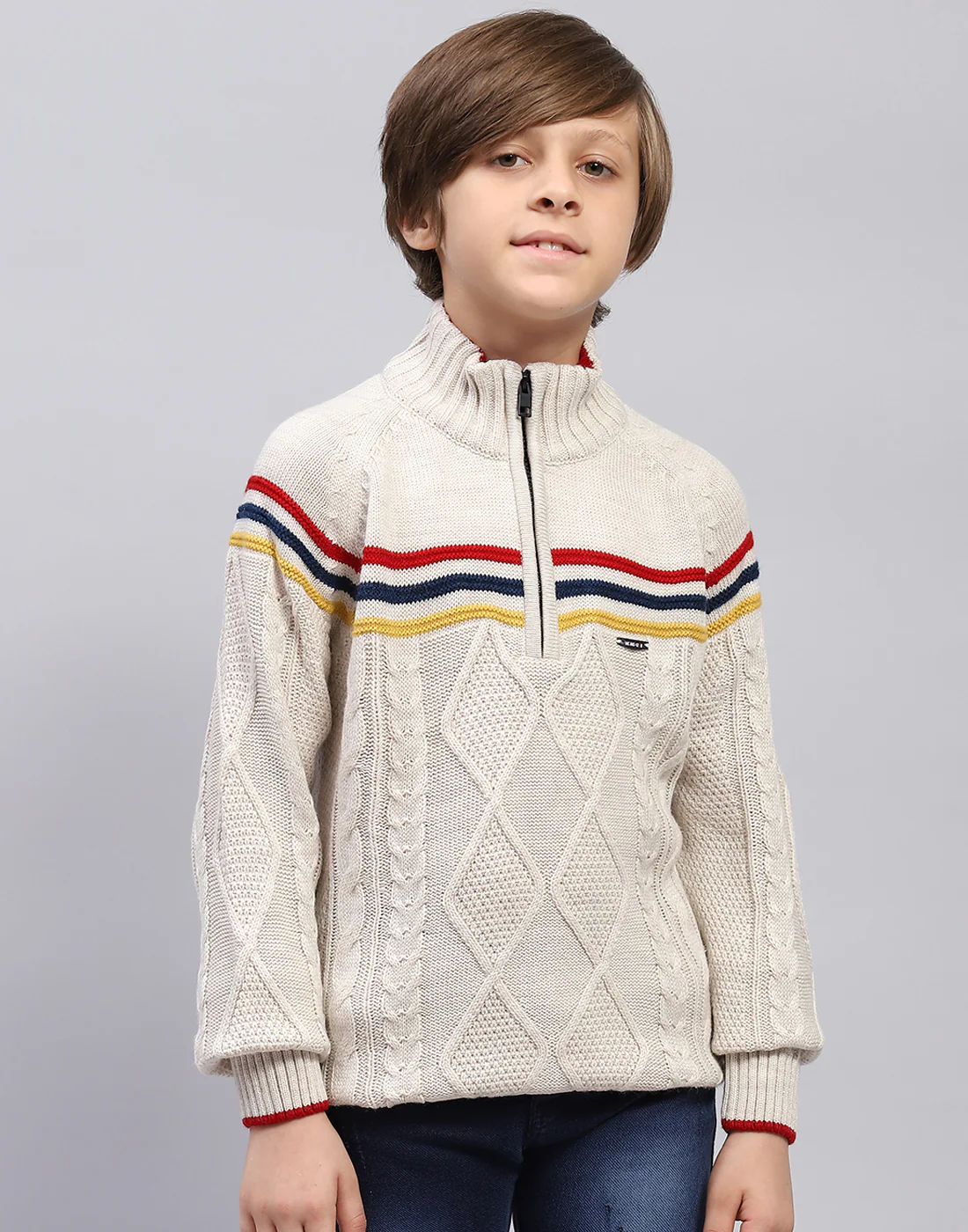 Boys Beige Self Design Turtle Neck Full Sleeve Pullover - Image 2