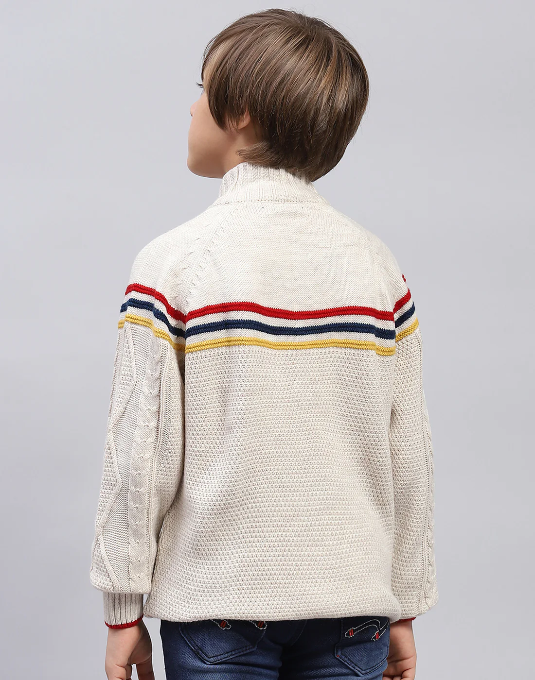Boys Beige Self Design Turtle Neck Full Sleeve Pullover - Image 5