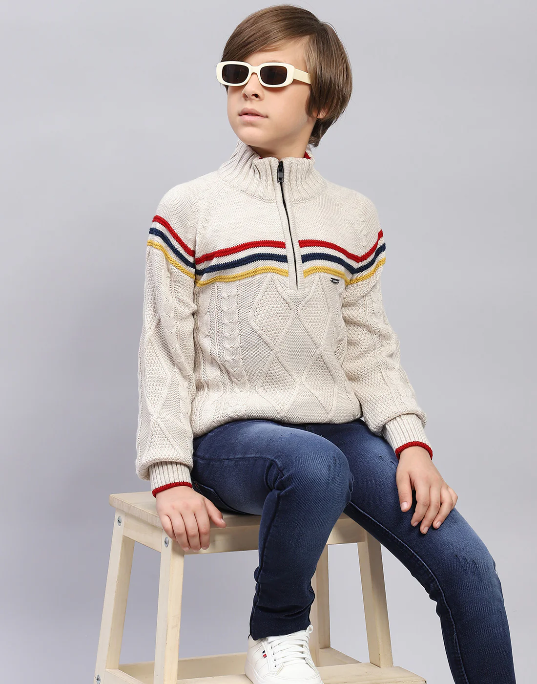 Boys Beige Self Design Turtle Neck Full Sleeve Pullover - Image 6