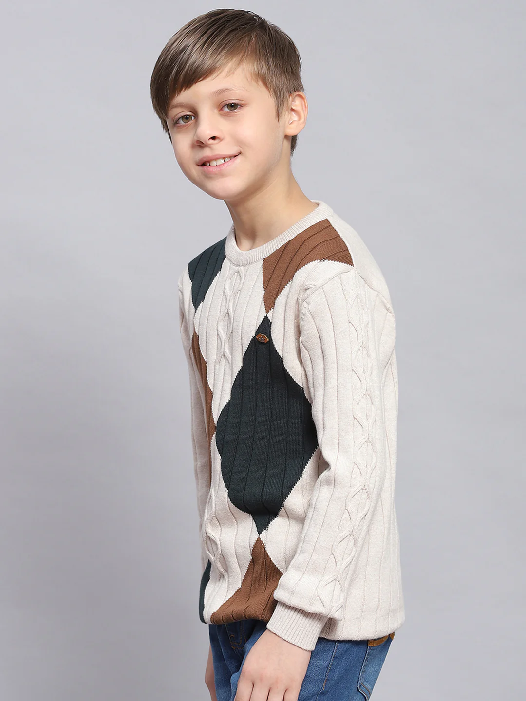 Boys Beige Self Design Round Neck Full Sleeve Sweater - Image 3