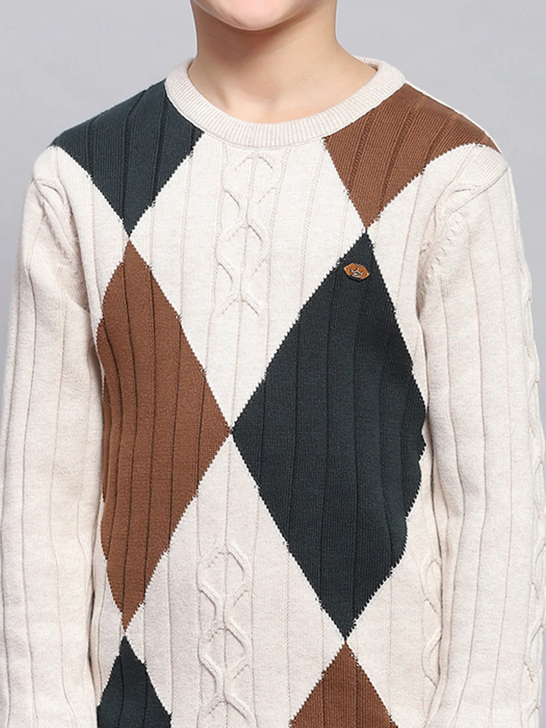 Boys Beige Self Design Round Neck Full Sleeve Sweater - Image 6