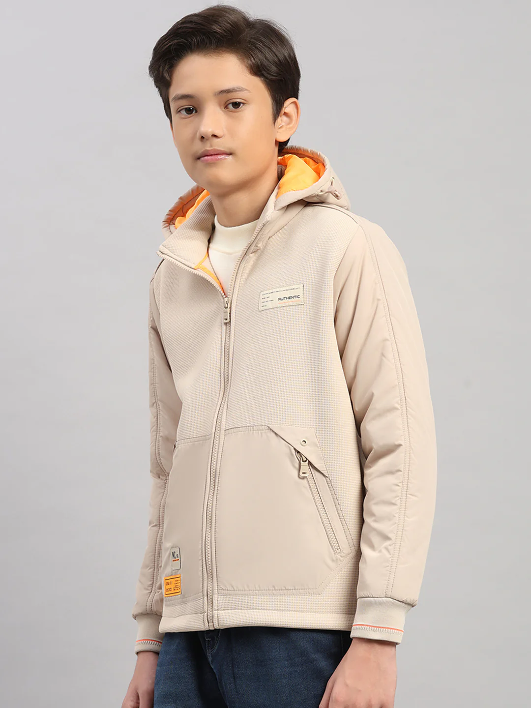 Boys Beige Solid Hooded Full Sleeve Jacket - Image 3