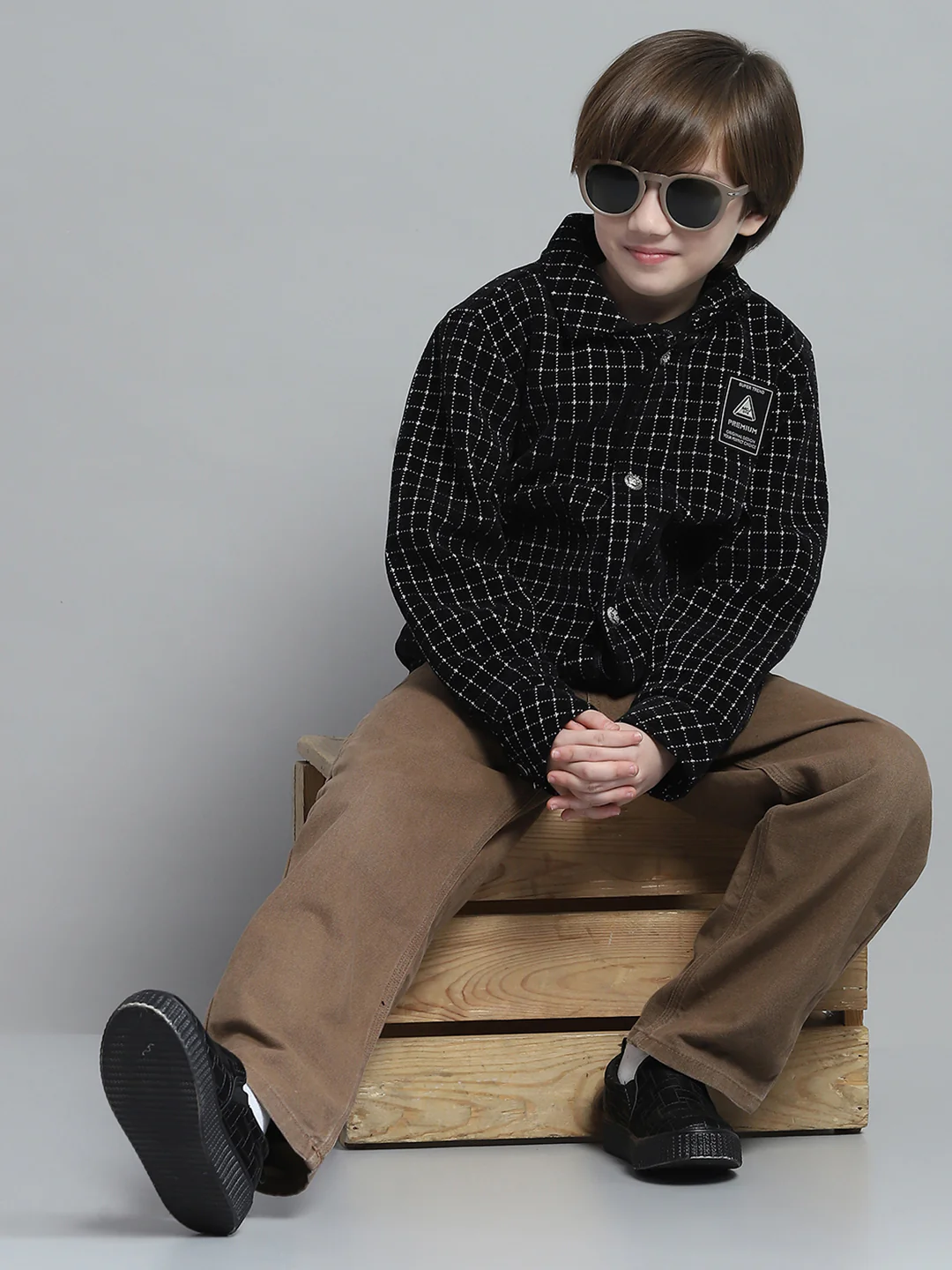 Boys Black Check Collar Full Sleeve Jacket - Image 2