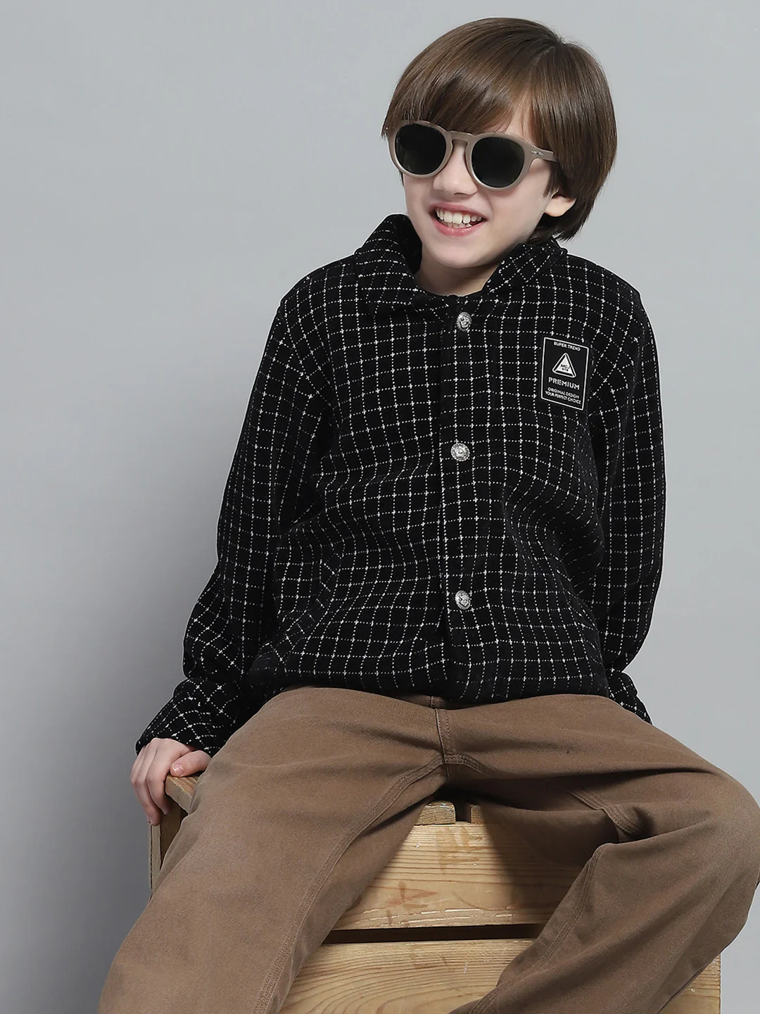 Boys Black Check Collar Full Sleeve Jacket - Image 6