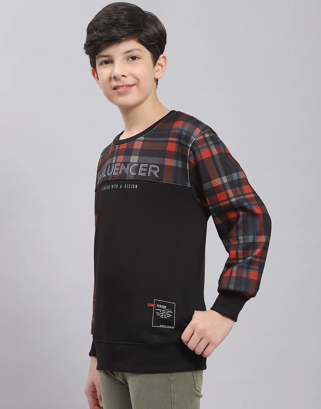 Boys Black Check Round Neck Full Sleeve Sweatshirt - Image 4